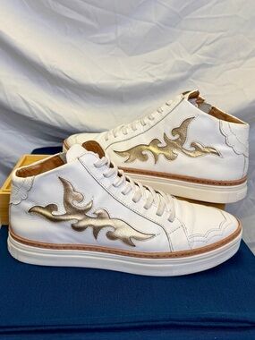 LUCCHESE After Ride Low (High) Top White & Gold Flame Zip Lace Up Sneakers; 9.5